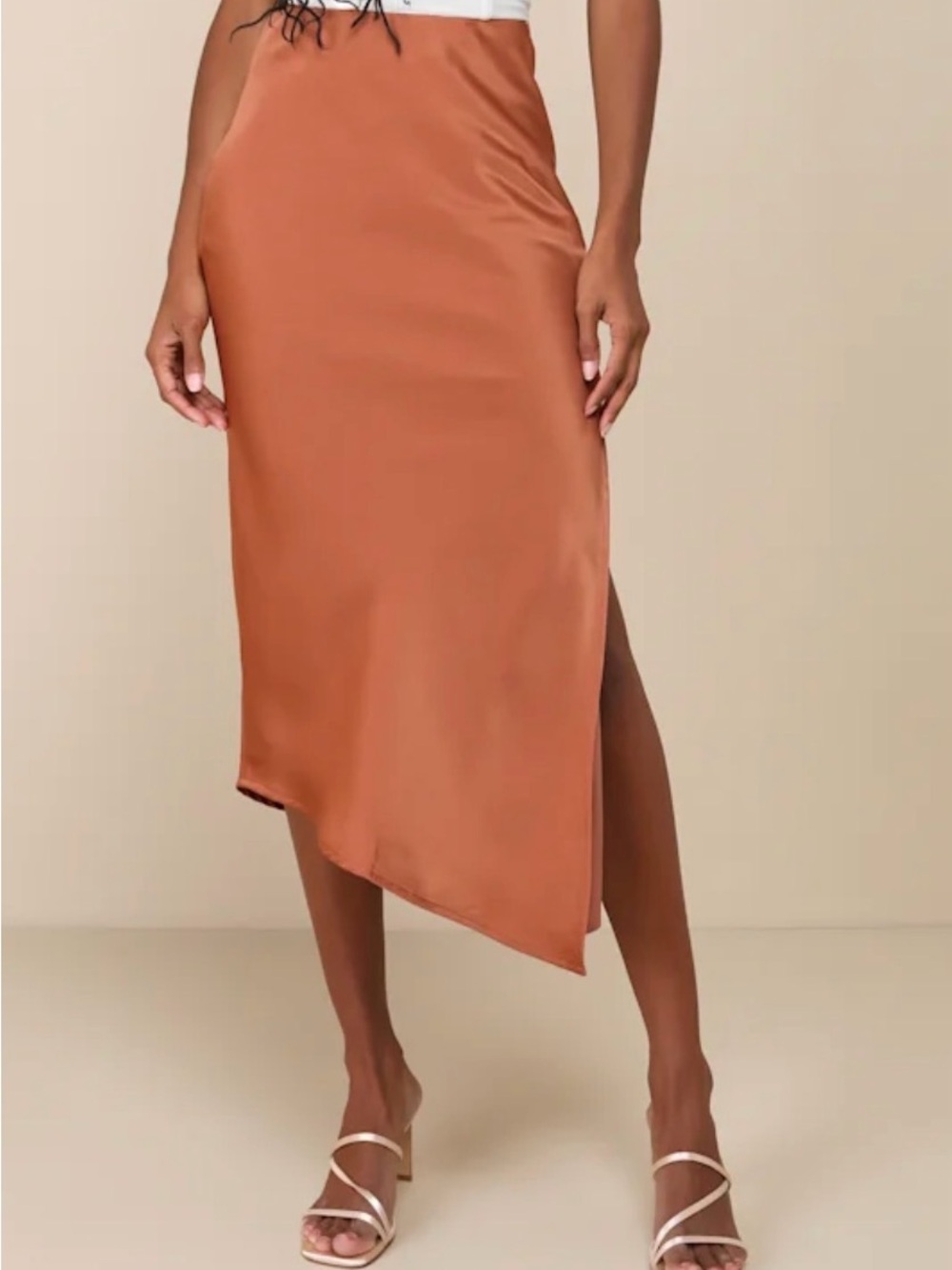 Lulus Contemporary Cutie Brown Satin High-Rise Asymmetrical Midi Skirt NWT